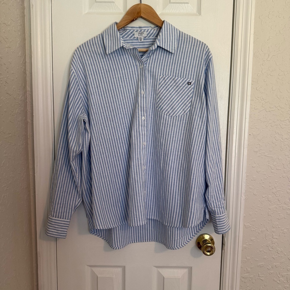 Crown And Ivy Long Sleeve Cotton Button Up Top Stripes Lagenlook Summer PXL